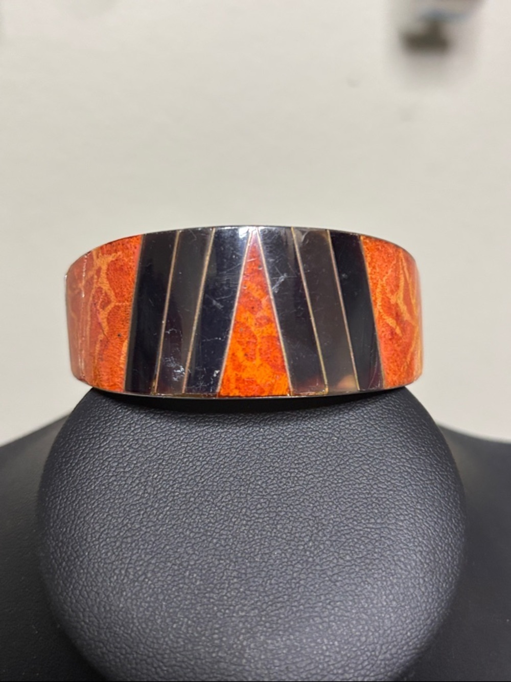 Vintage 70’s Hamdmade Philippines Geometric Inlaid Panels Cuff Bracelet